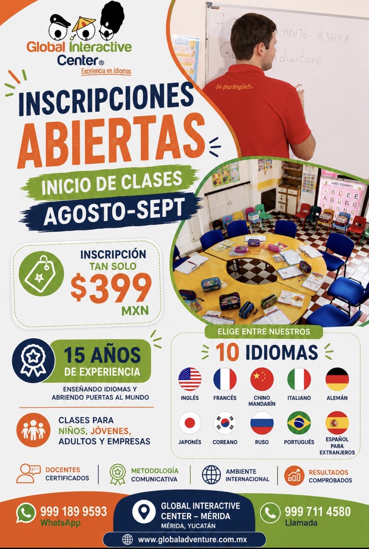 Póster de inscripciones abiertas de Global Interactive Center con precios al público