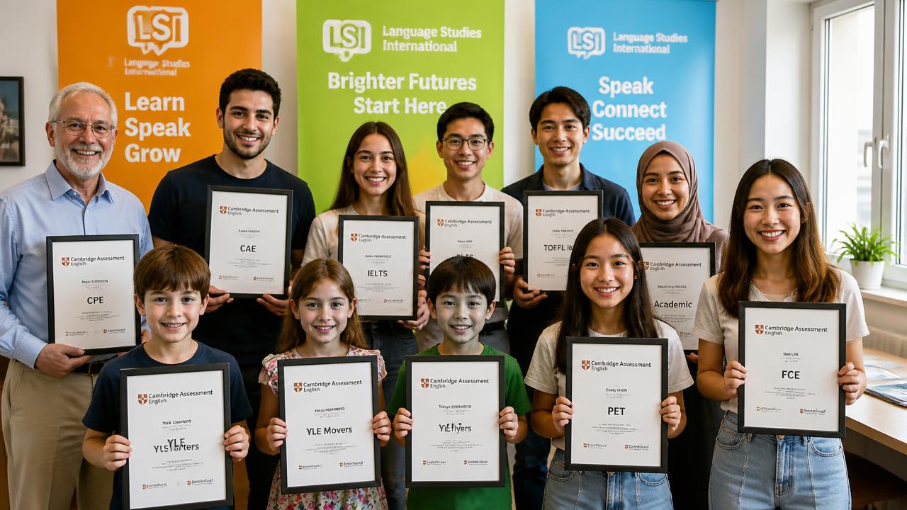 Niños, jóvenes y adultos de Global Interactive Center mostrando sus certificaciones internacionales